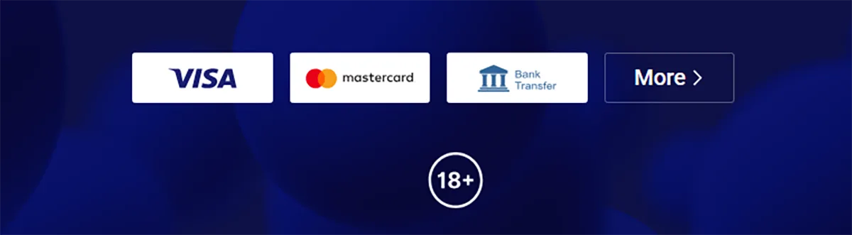 Casino footer showing payment method icons for Visa, Mastercard, and Bank Transfer, a “More” link, and an 18+ age restriction symbol on a blue background.